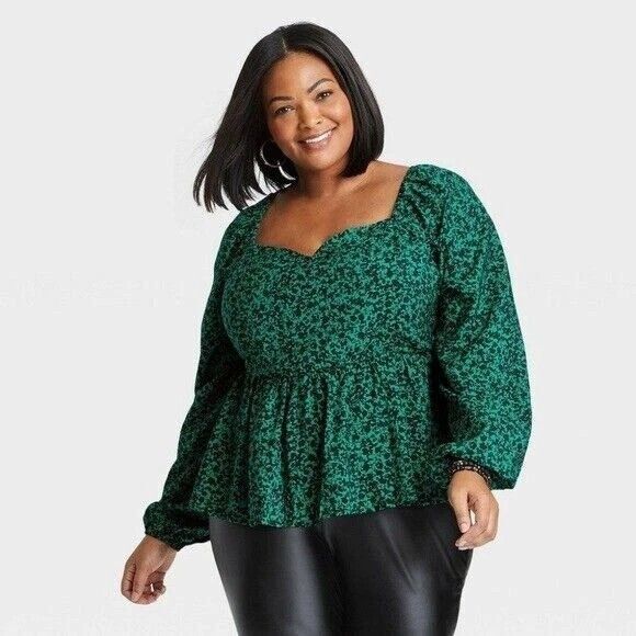 Ava And Viv Blouse Green Black Career Peplum Long Sleeve Smocked Plus Size 1X - Picture 7 of 7